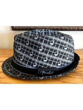 Fender‎ Fedora Hat Unisex Adult Size Med Black Gray Plaid Stratocaster Guitar